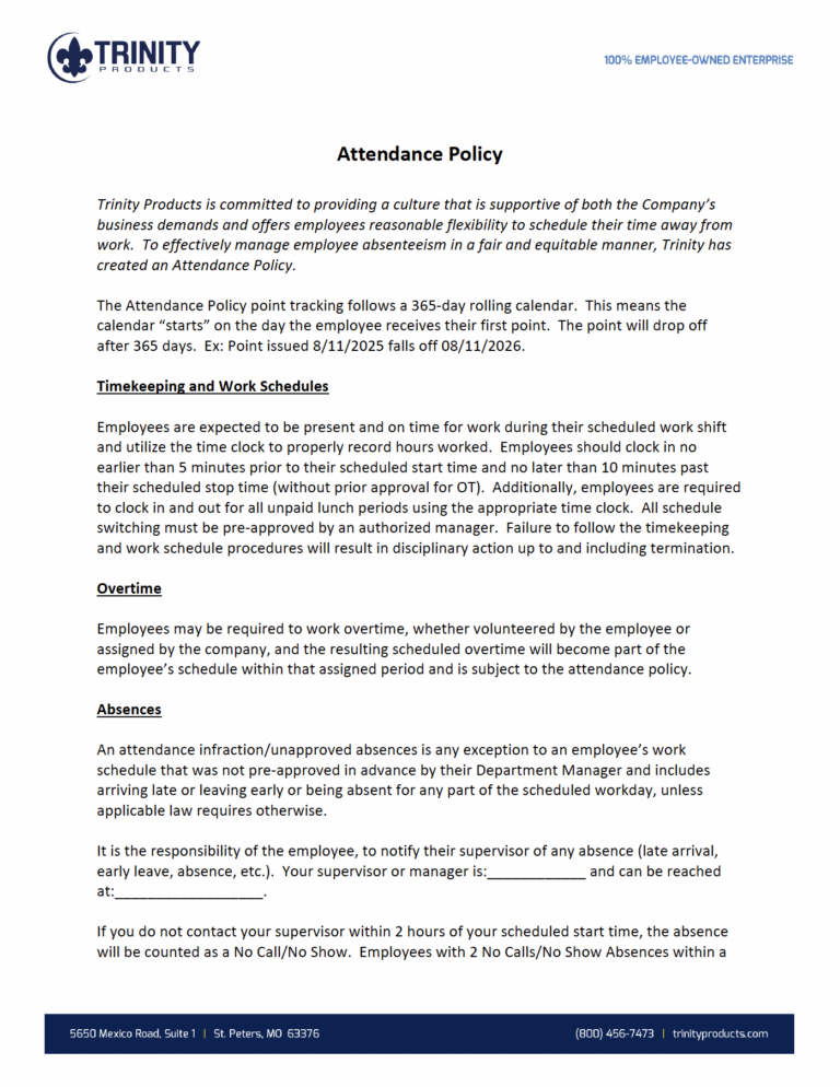 2026 Trinity Products Attendance Policy